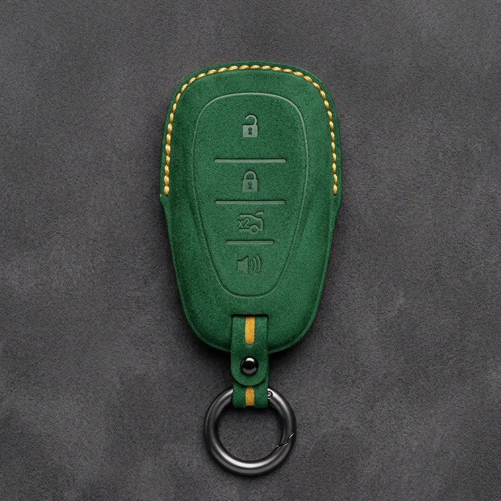 Chevrolet Hand-Stitched Alcantara Key Fob Cover – Chrome Shield 4-Button Grass Green
