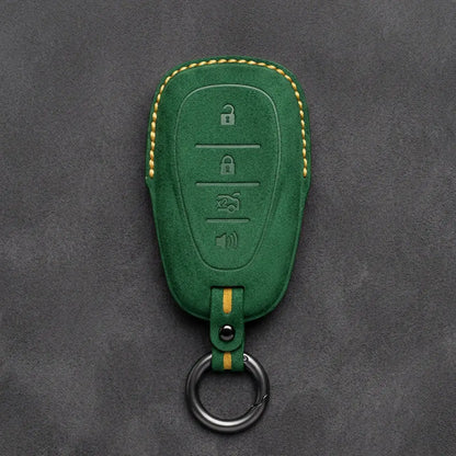 Chevrolet Hand-Stitched Alcantara Key Fob Cover – Chrome Shield 4-Button Grass Green