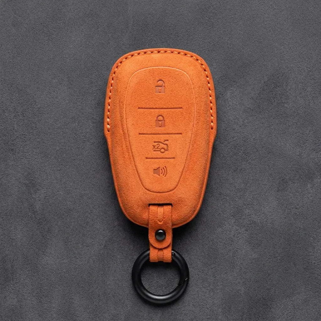 Chevrolet Hand-Stitched Alcantara Key Fob Cover – Chrome Shield 4-Button Orange