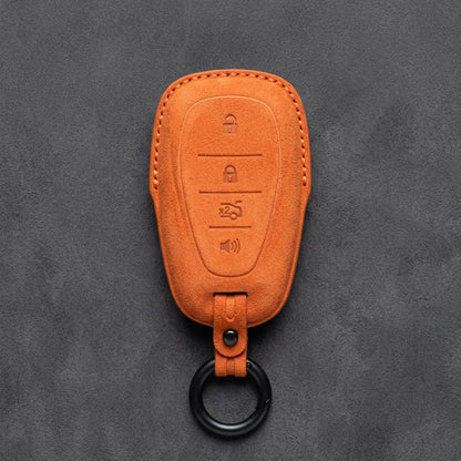 Chevrolet Hand-Stitched Alcantara Key Fob Cover – Chrome Shield 4-Button Orange