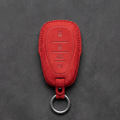 Chevrolet Hand-Stitched Alcantara Key Fob Cover – Chrome Shield 4-Button Red