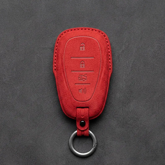 Chevrolet Hand-Stitched Alcantara Key Fob Cover – Chrome Shield 4-Button Red