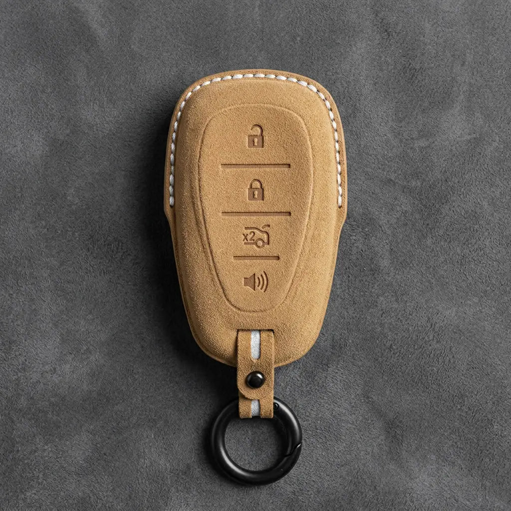 Chevrolet Hand-Stitched Alcantara Key Fob Cover – Chrome Shield 4-Button Soft Brown