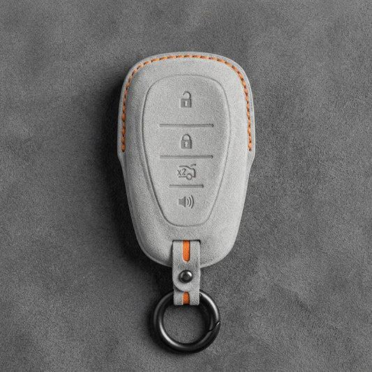 Chevrolet Hand-Stitched Alcantara Key Fob Cover – Chrome Shield 4-Button White