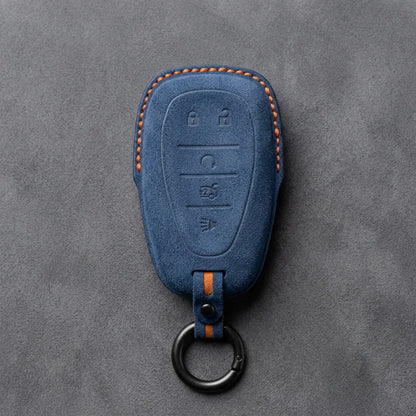 Chevrolet Hand-Stitched Alcantara Key Fob Cover – Chrome Shield 5-Button Cobalt Blue