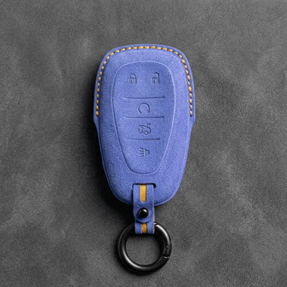Chevrolet Hand-Stitched Alcantara Key Fob Cover – Chrome Shield 5-Button Cornflower Blue
