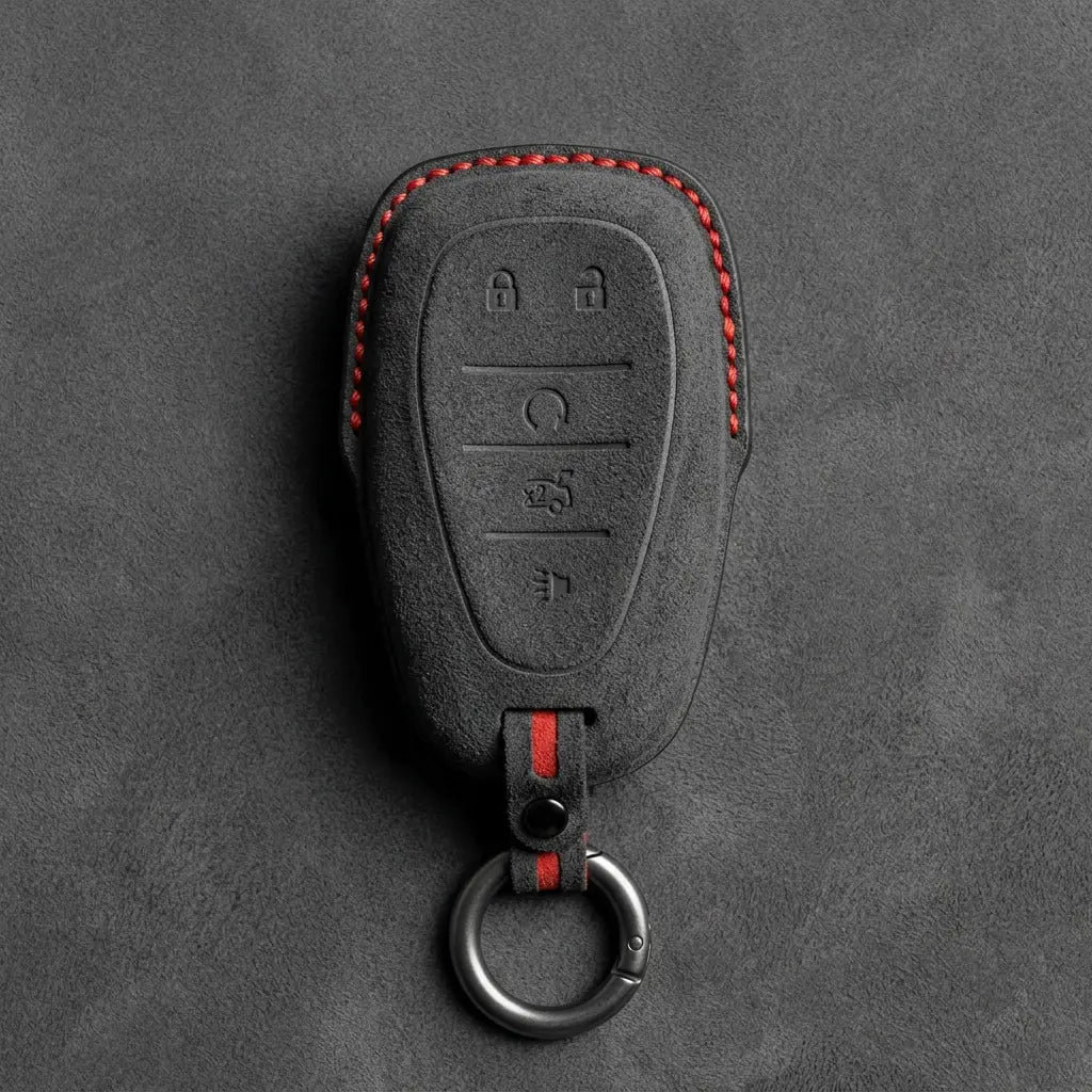 Chevrolet Hand-Stitched Alcantara Key Fob Cover – Chrome Shield 5-Button Dark Charcoal