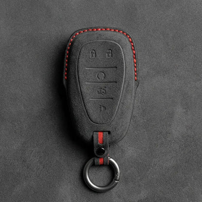Chevrolet Hand-Stitched Alcantara Key Fob Cover – Chrome Shield 5-Button Dark Charcoal