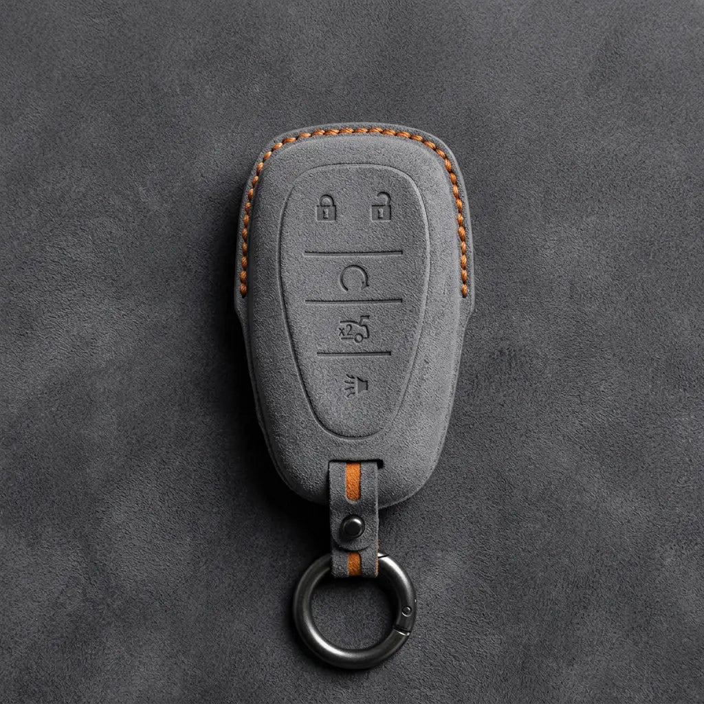 Chevrolet Hand-Stitched Alcantara Key Fob Cover – Chrome Shield 5-Button Dark Gray