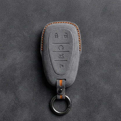Chevrolet Hand-Stitched Alcantara Key Fob Cover – Chrome Shield 5-Button Dark Gray