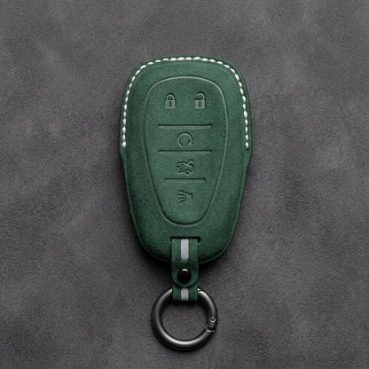 Chevrolet Hand-Stitched Alcantara Key Fob Cover – Chrome Shield 5-Button Dark Green