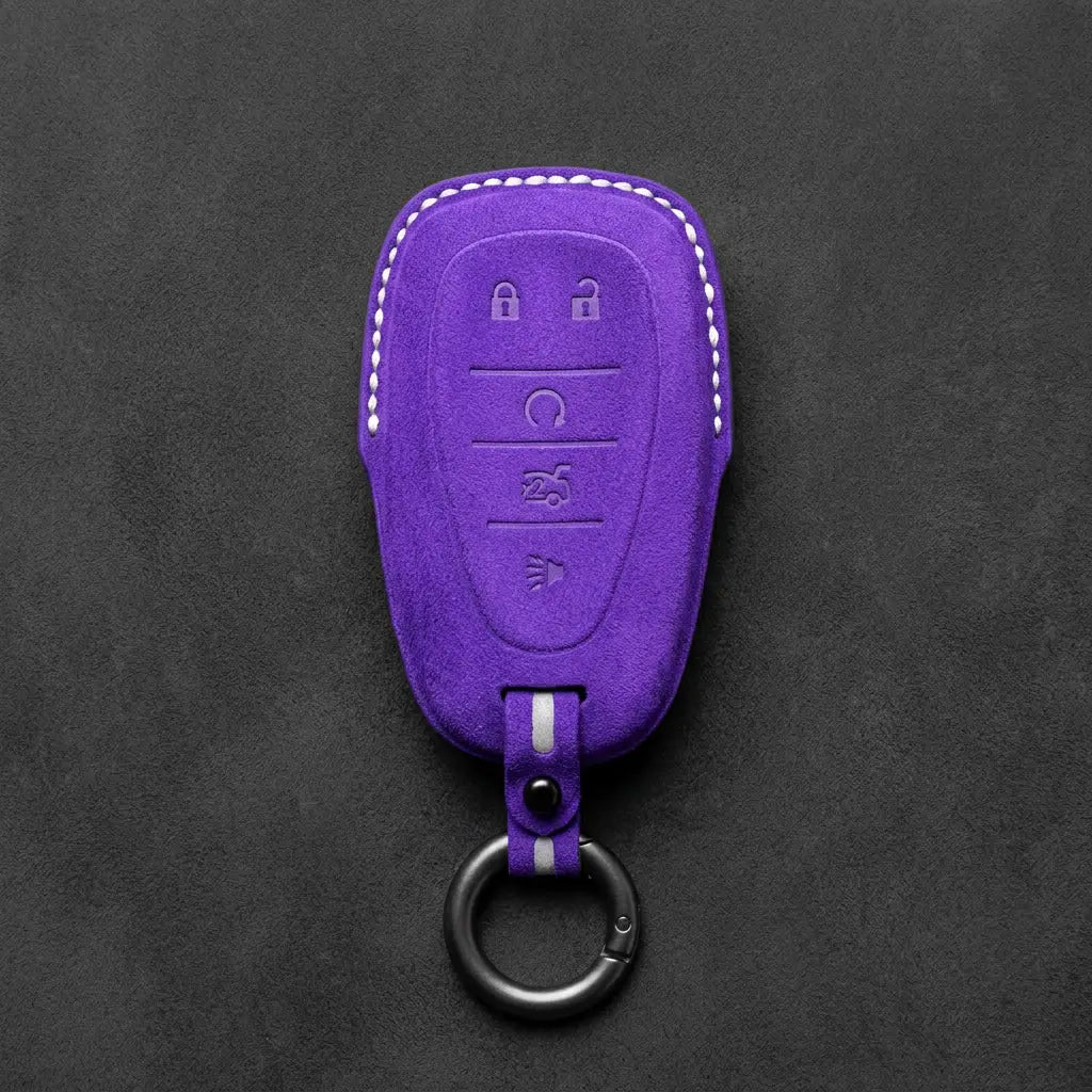 Chevrolet Hand-Stitched Alcantara Key Fob Cover – Chrome Shield 5-Button Dark Purple