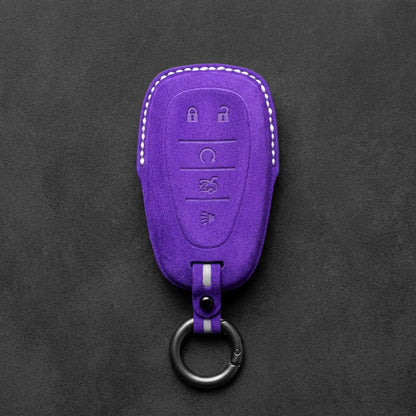 Chevrolet Hand-Stitched Alcantara Key Fob Cover – Chrome Shield 5-Button Dark Purple