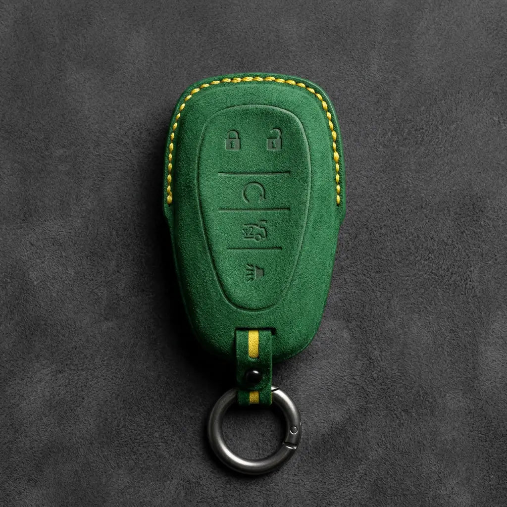 Chevrolet Hand-Stitched Alcantara Key Fob Cover – Chrome Shield 5-Button Grass Green