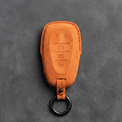Chevrolet Hand-Stitched Alcantara Key Fob Cover – Chrome Shield 5-Button Orange