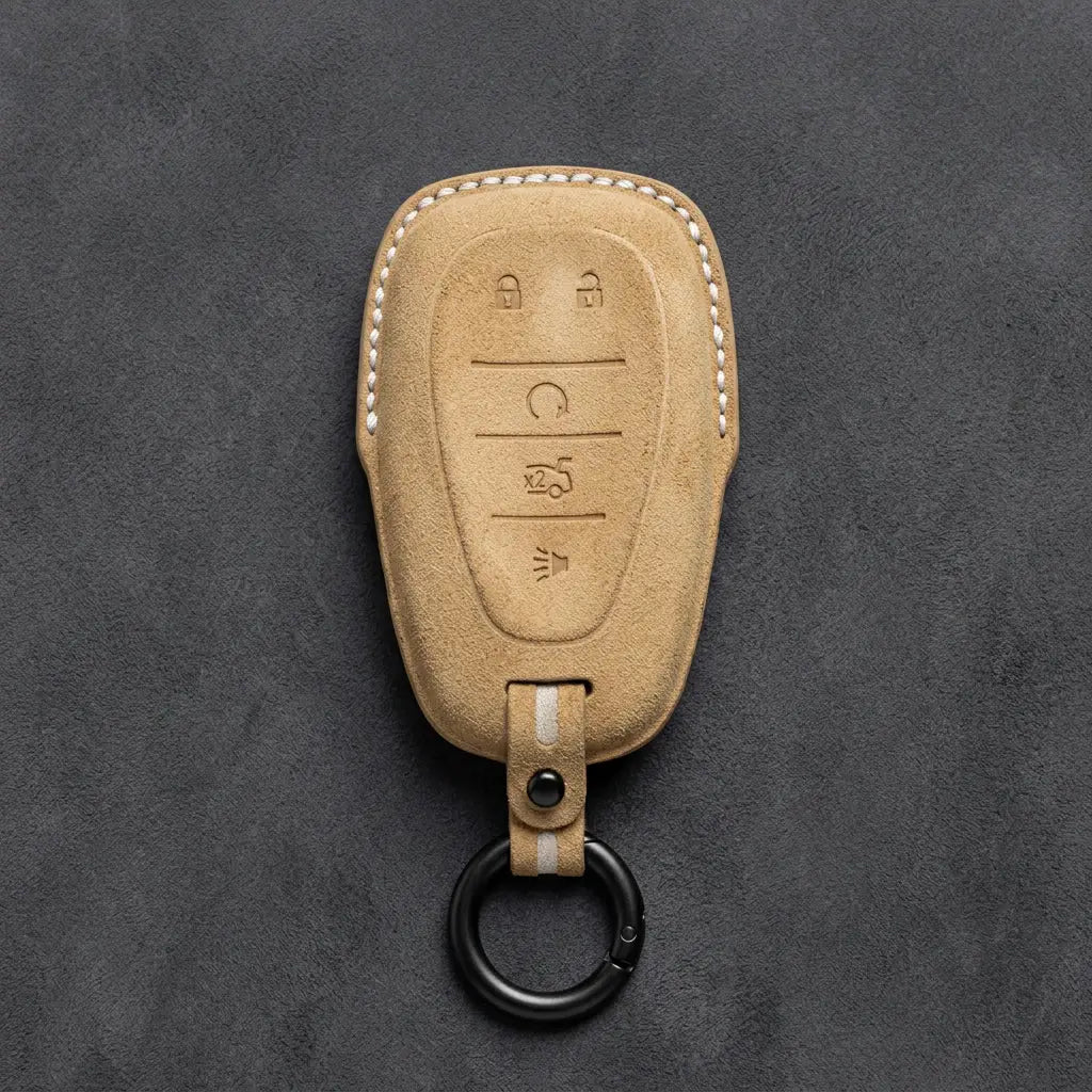 Chevrolet Hand-Stitched Alcantara Key Fob Cover – Chrome Shield 5-Button Soft Brown