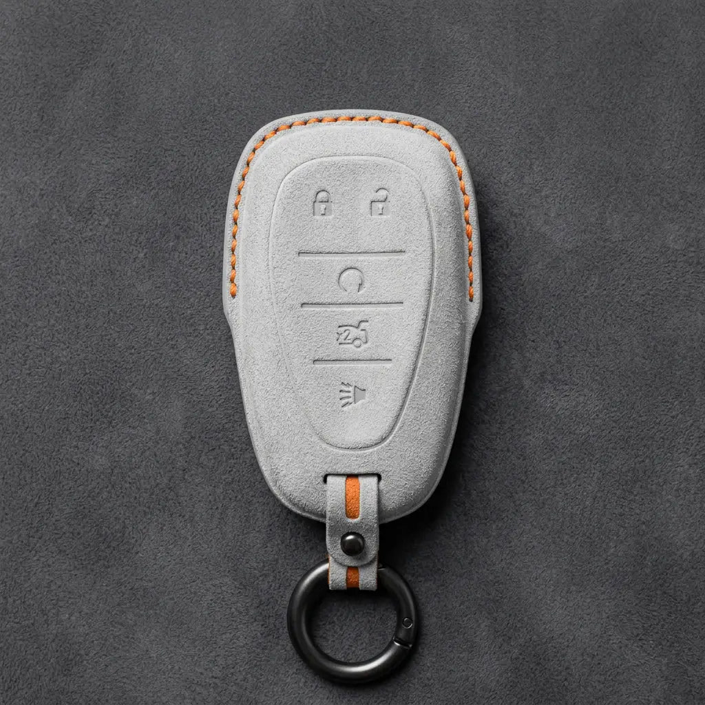 Chevrolet Hand-Stitched Alcantara Key Fob Cover – Chrome Shield 5-Button White