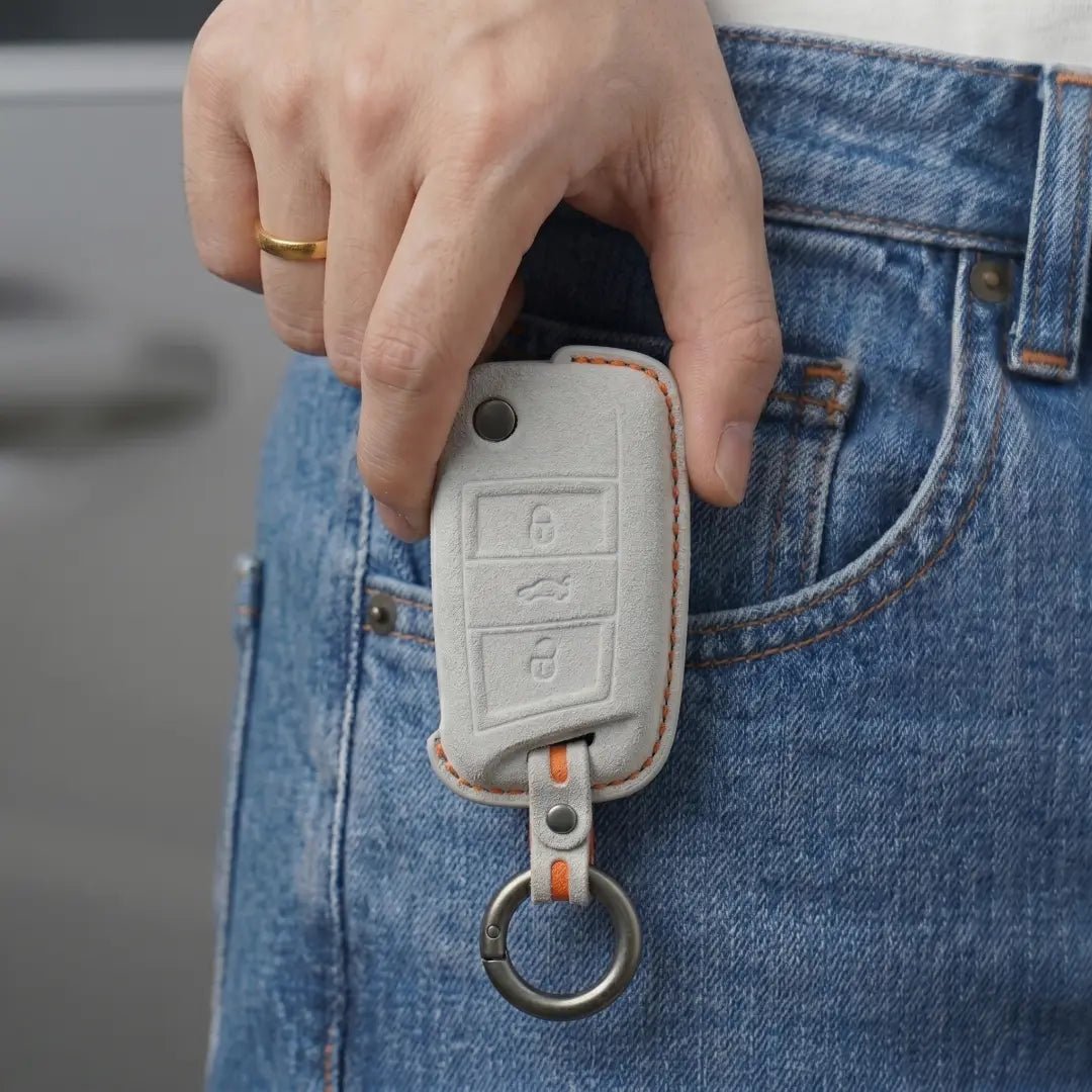 Cupra Hand - Stitched Alcantara Key Fob Cover – Angular Flip Key 3 - Button - White