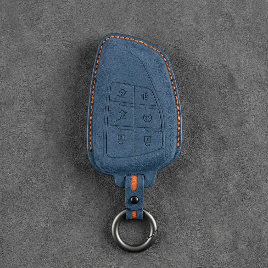 Dodge Hand-Stitched Alcantara Key Fob Cover – Asymmetric Wing 6-Button Cobalt Blue