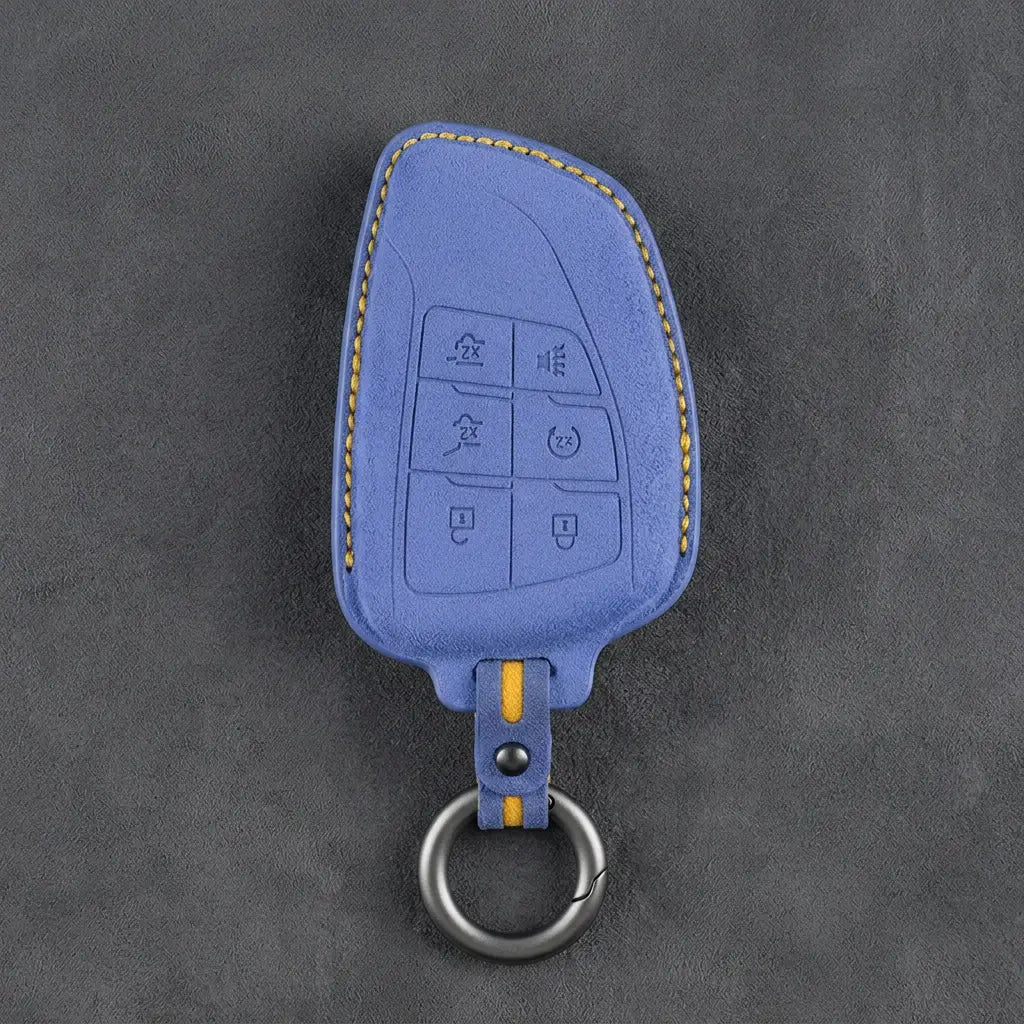 Dodge Hand-Stitched Alcantara Key Fob Cover – Asymmetric Wing 6-Button Cornflower Blue