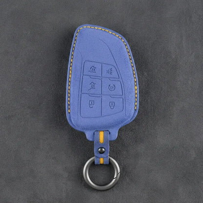 Dodge Hand-Stitched Alcantara Key Fob Cover – Asymmetric Wing 6-Button Cornflower Blue