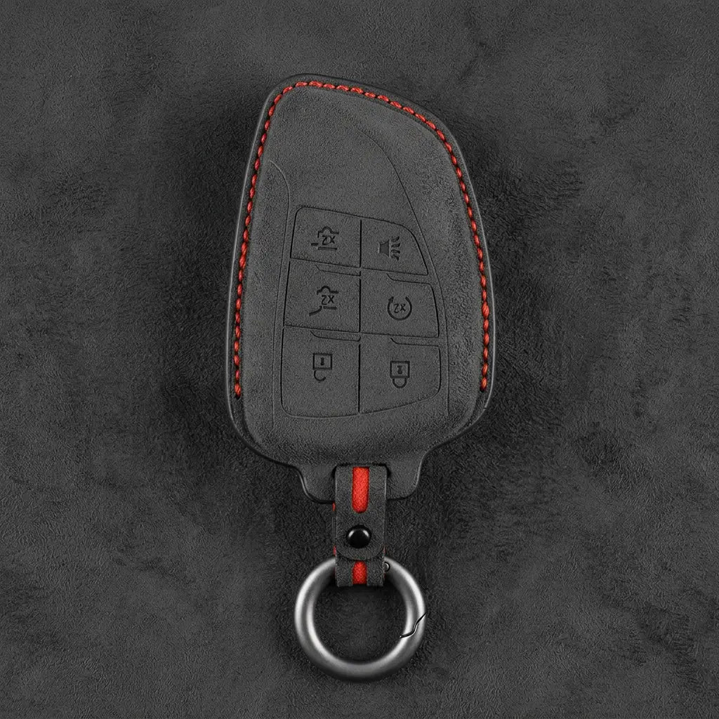 Dodge Hand-Stitched Alcantara Key Fob Cover – Asymmetric Wing 6-Button Dark Charcoal