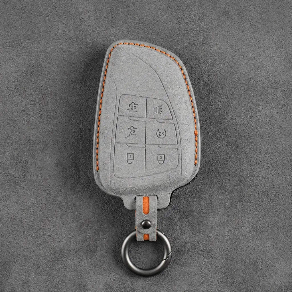Dodge Hand-Stitched Alcantara Key Fob Cover – Asymmetric Wing 6-Button Dark Gray