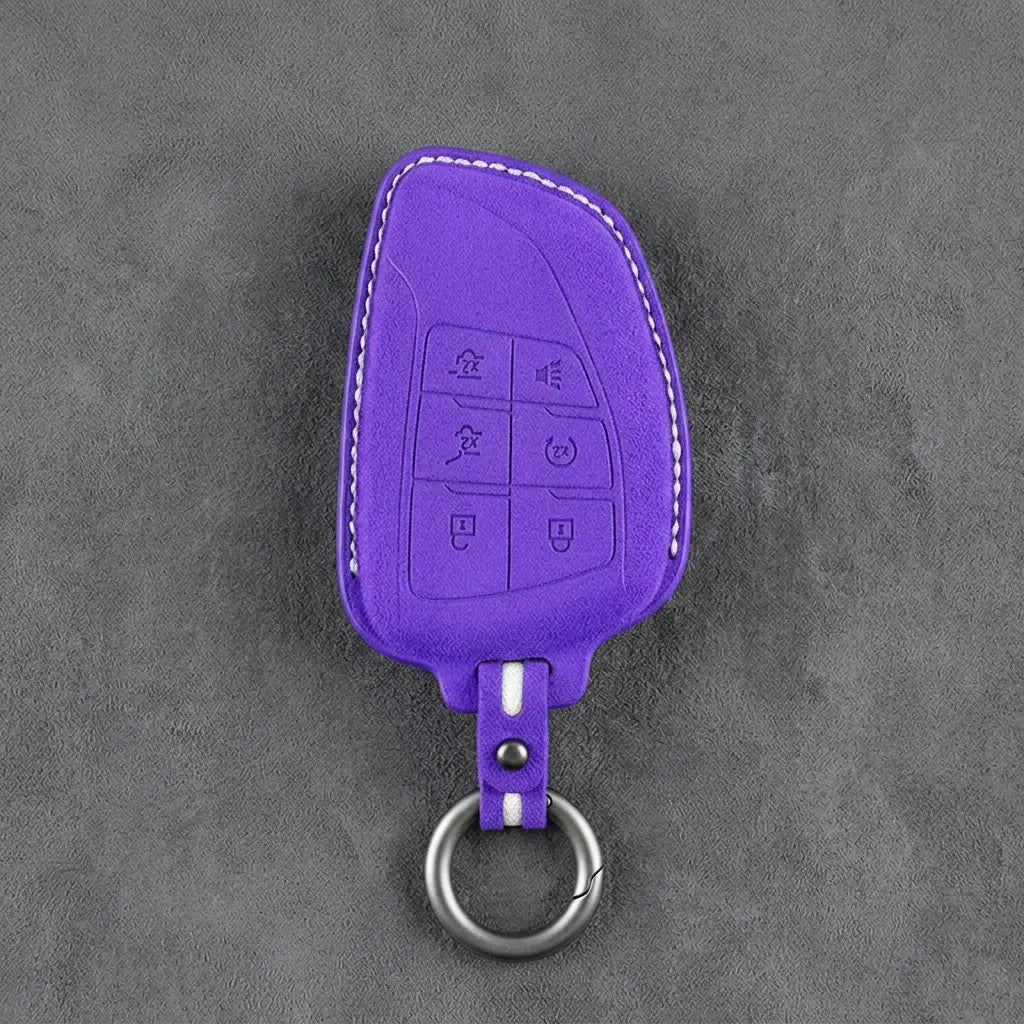 Dodge Hand-Stitched Alcantara Key Fob Cover – Asymmetric Wing 6-Button Dark Purple
