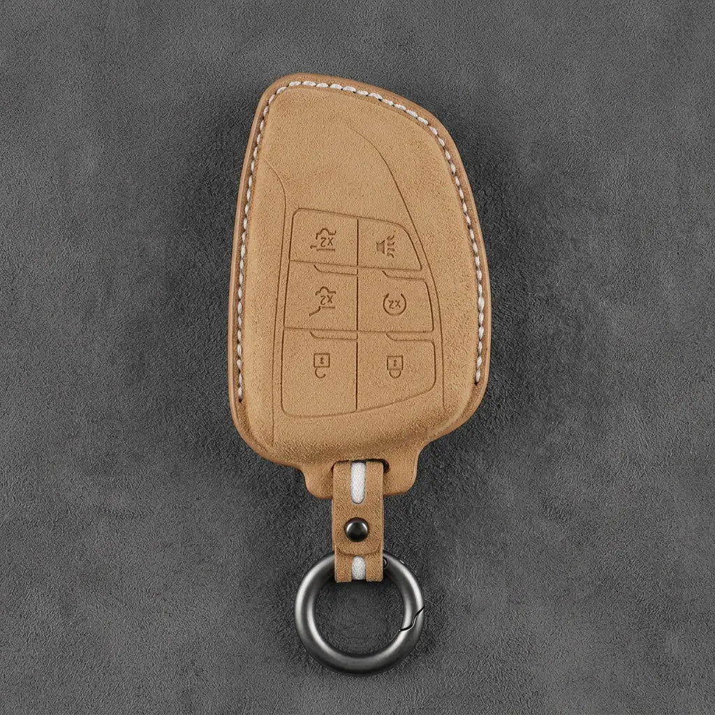 Dodge Hand-Stitched Alcantara Key Fob Cover – Asymmetric Wing 6-Button Soft Brown