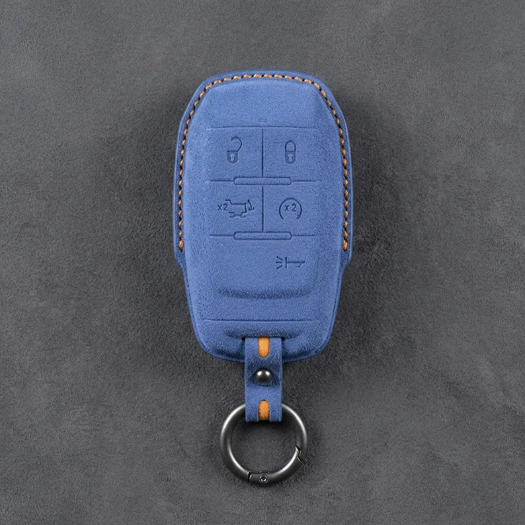 Dodge Hand-Stitched Alcantara Key Fob Cover – Block 5-Button Cornflower Blue