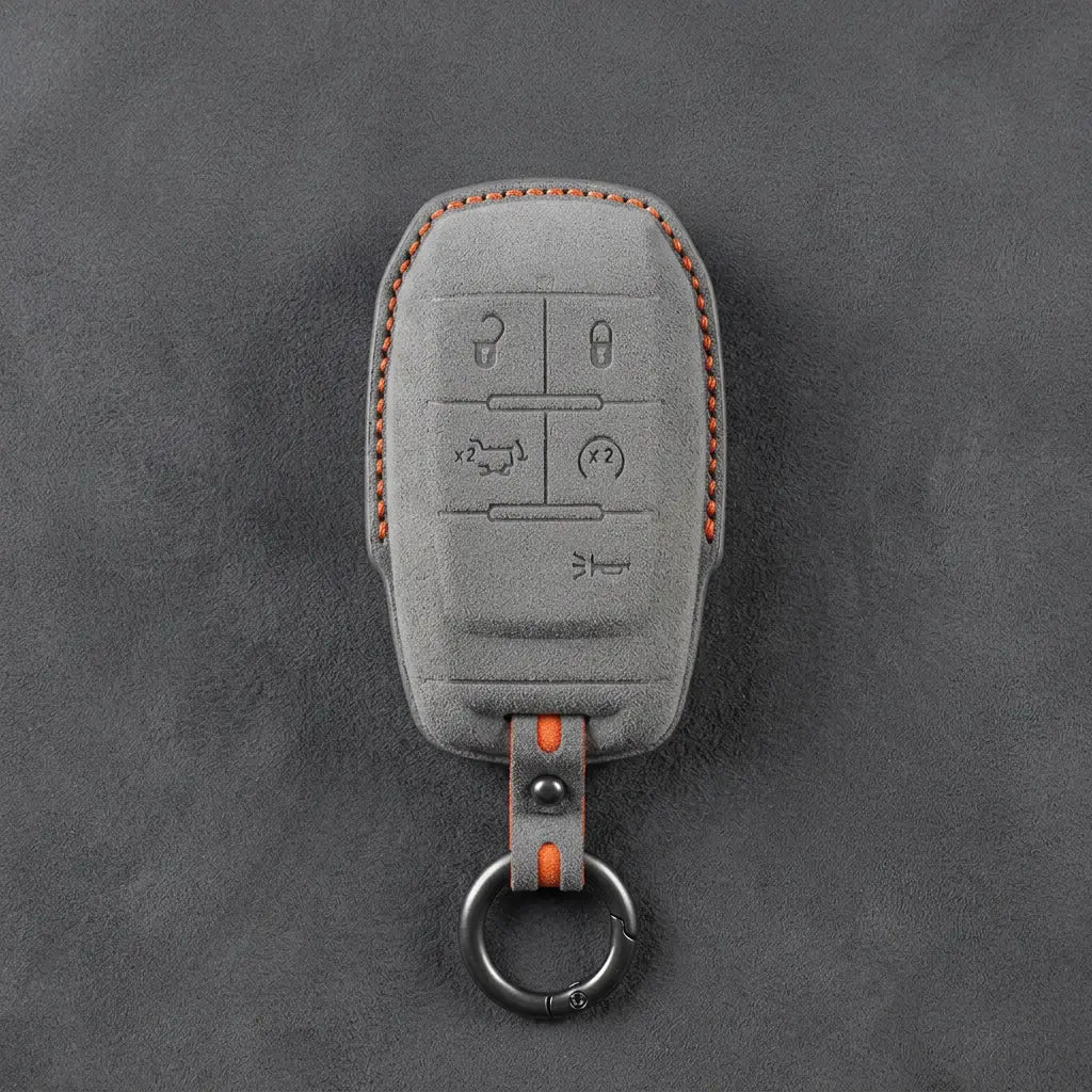 Dodge Hand-Stitched Alcantara Key Fob Cover – Block 5-Button Dark Gray