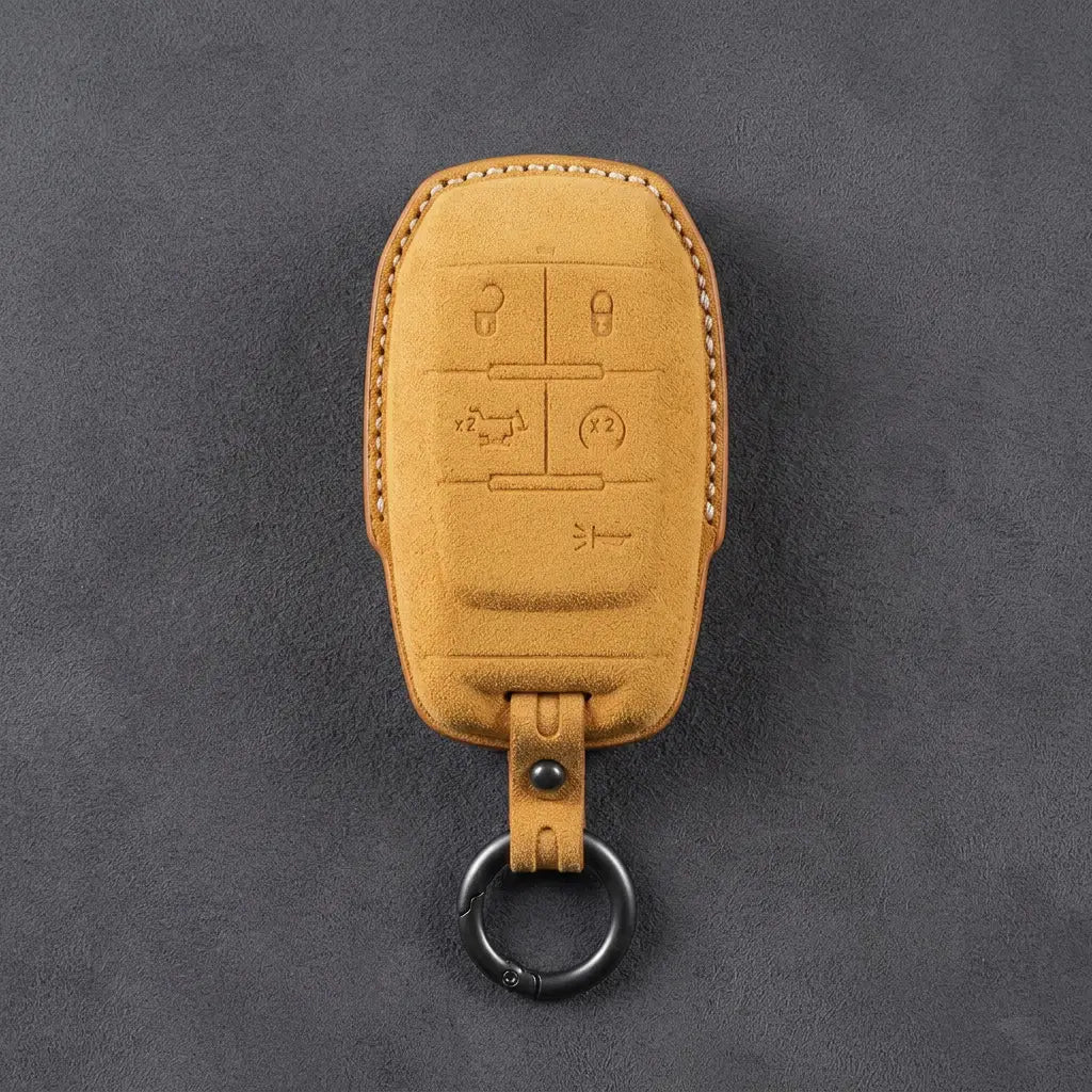 Dodge Hand-Stitched Alcantara Key Fob Cover – Block 5-Button Soft Brown