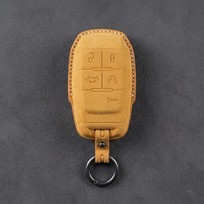 Dodge Hand-Stitched Alcantara Key Fob Cover – Block 5-Button Soft Brown