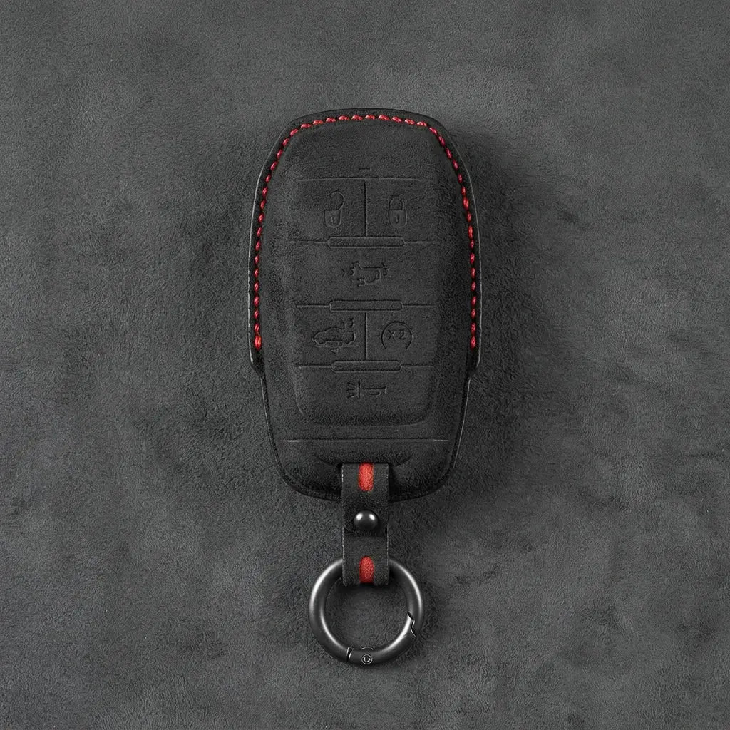 Dodge Hand-Stitched Alcantara Key Fob Cover – Block 6-Button Dark Charcoal