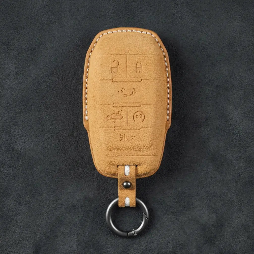 Dodge Hand-Stitched Alcantara Key Fob Cover – Block 6-Button Soft Brown