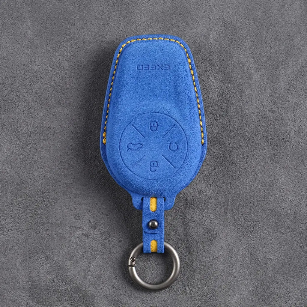 Exeed Hand-Stitched Alcantara Key Fob Cover – Circular 4-Button - Cornflower Blue