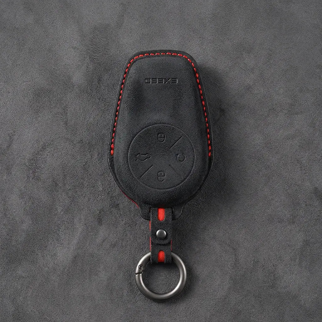 Exeed Hand-Stitched Alcantara Key Fob Cover – Circular 4-Button - Dark Charcoal