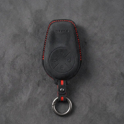 Exeed Hand-Stitched Alcantara Key Fob Cover – Circular 4-Button - Dark Charcoal