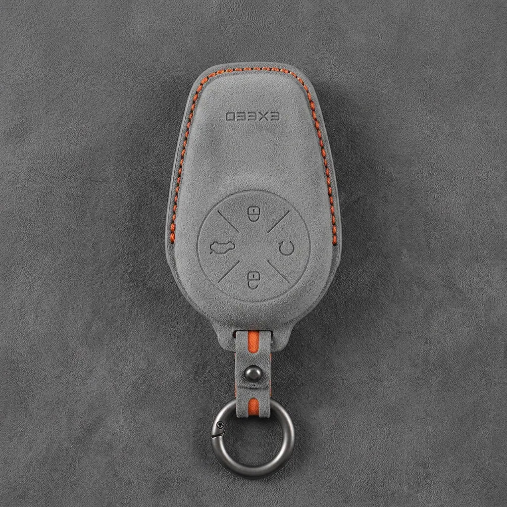 Exeed Hand-Stitched Alcantara Key Fob Cover – Circular 4-Button - Dark Gray