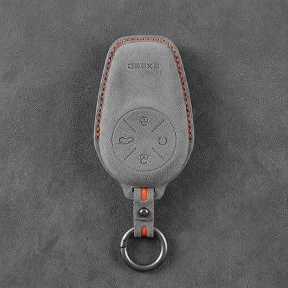 Exeed Hand-Stitched Alcantara Key Fob Cover – Circular 4-Button - Dark Gray