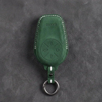 Exeed Hand-Stitched Alcantara Key Fob Cover – Circular 4-Button - Dark Green
