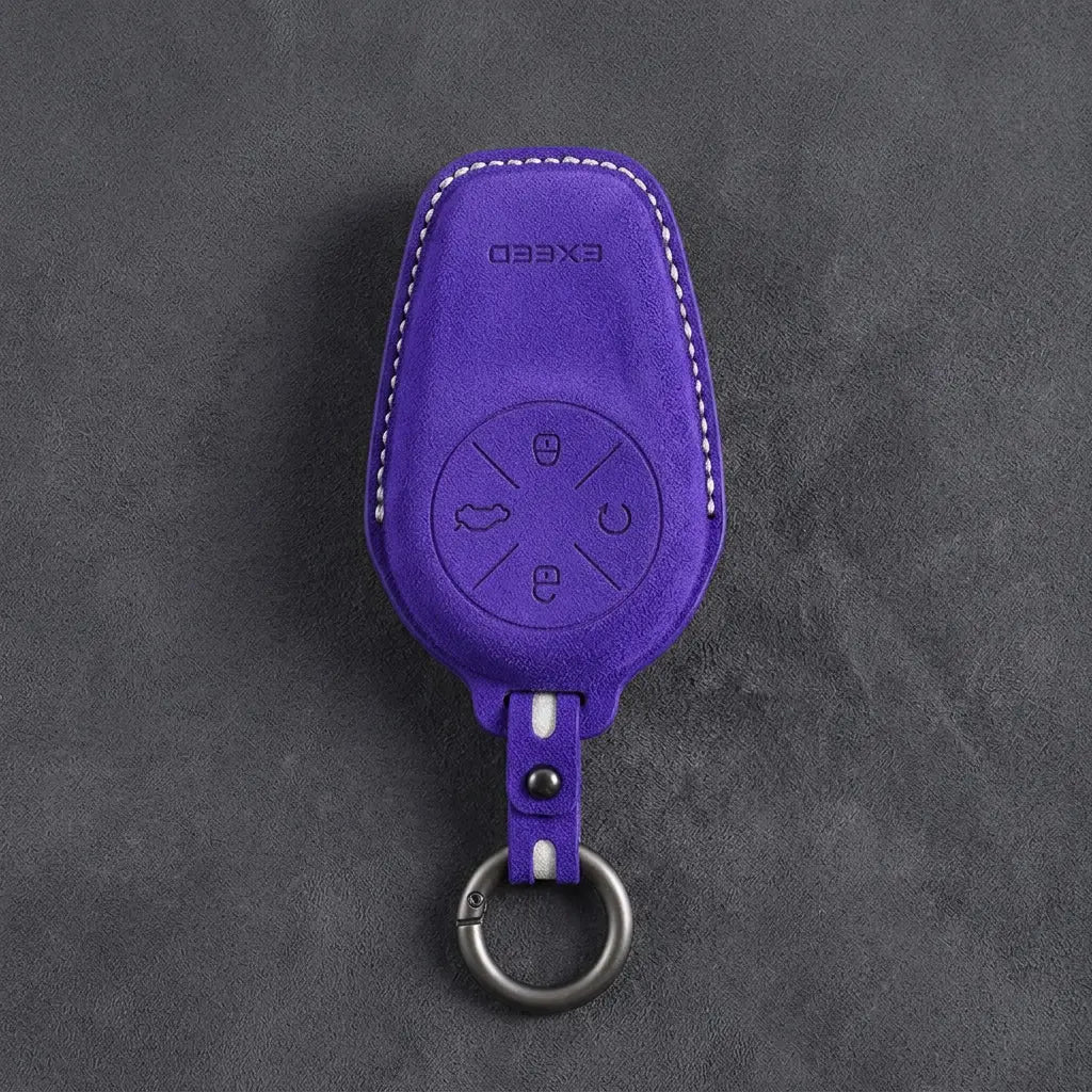 Exeed Hand-Stitched Alcantara Key Fob Cover – Circular 4-Button - Dark Purple
