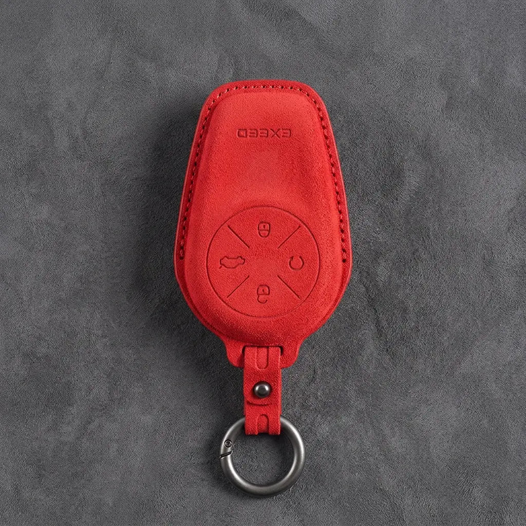 Exeed Hand-Stitched Alcantara Key Fob Cover – Circular 4-Button - Red