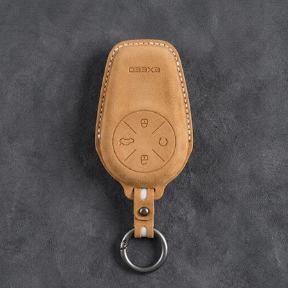 Exeed Hand-Stitched Alcantara Key Fob Cover – Circular 4-Button - Soft Brown
