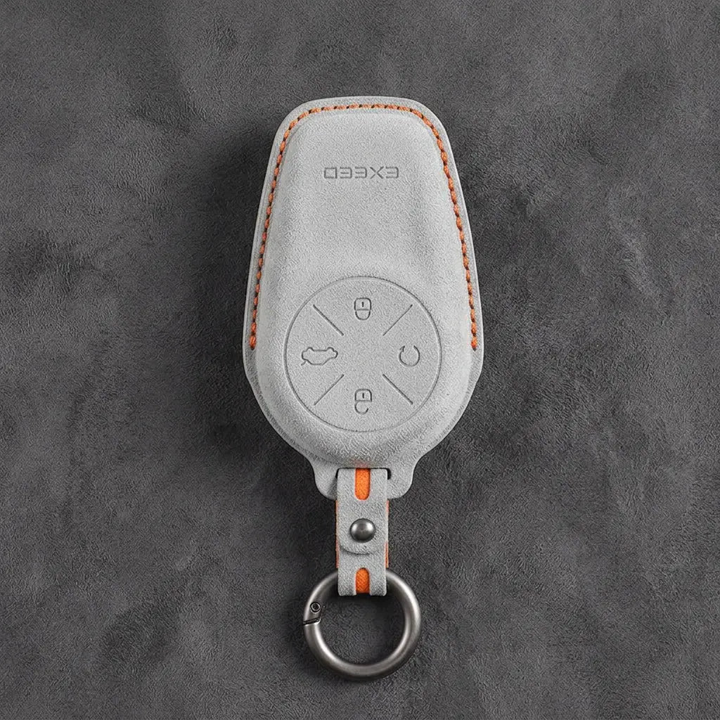 Exeed Hand-Stitched Alcantara Key Fob Cover – Circular 4-Button - White