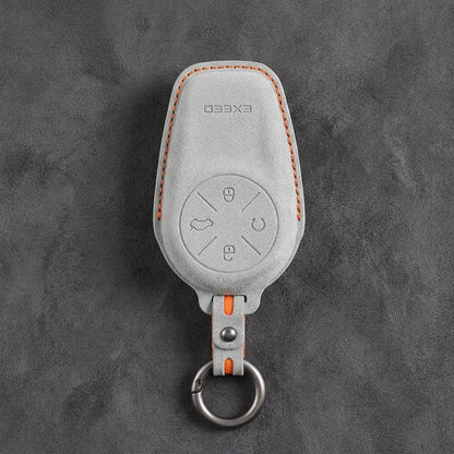 Exeed Hand-Stitched Alcantara Key Fob Cover – Circular 4-Button - White