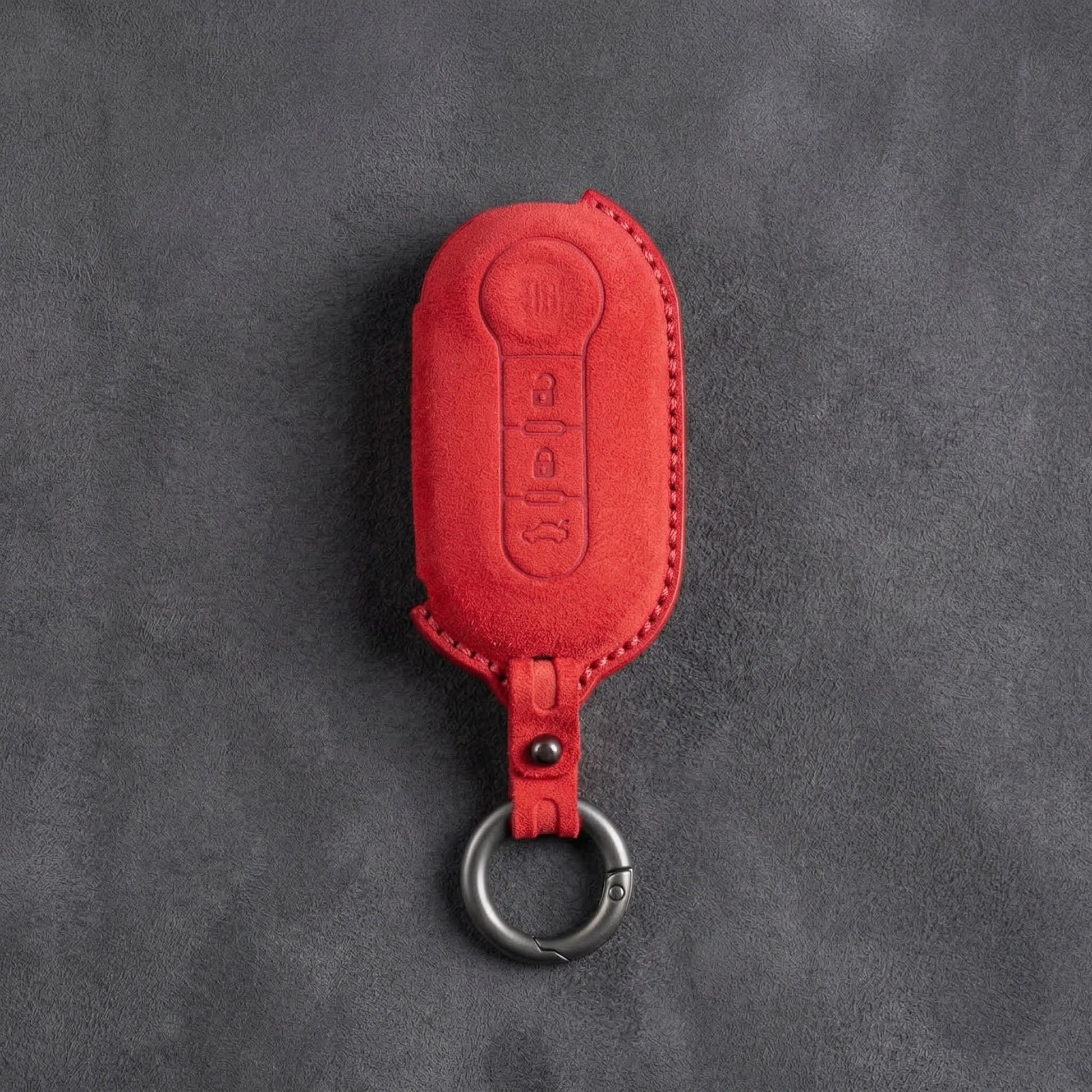Fiat Hand - Stitched Alcantara Key Fob Cover - Rounded 3 - Button - Red