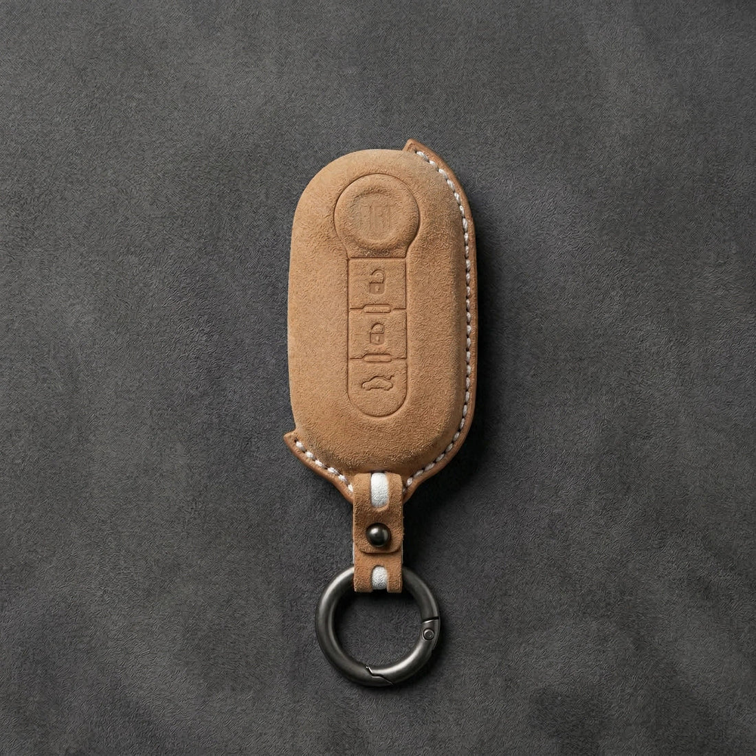 Fiat Hand - Stitched Alcantara Key Fob Cover - Rounded 3 - Button - Soft brown