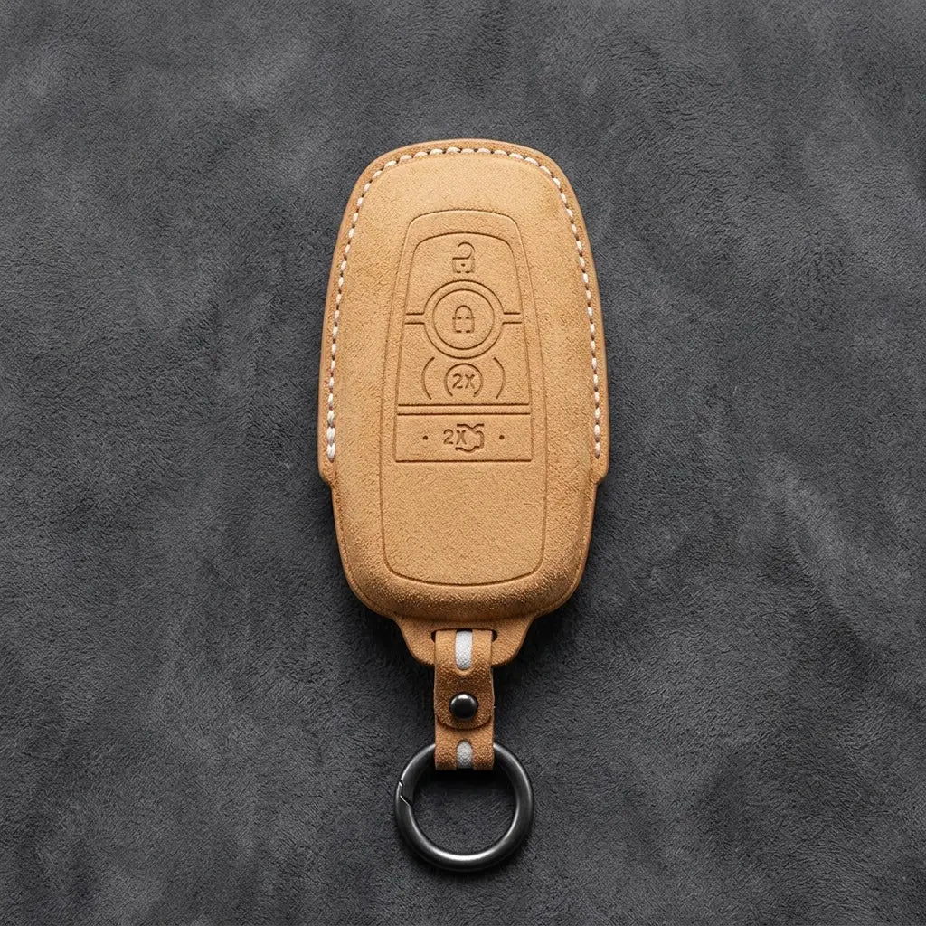 Ford Hand-Stitched Alcantara Key Fob Cover – Center-Ring Ignition Soft Brown
