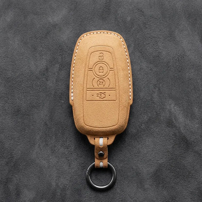 Ford Hand-Stitched Alcantara Key Fob Cover – Center-Ring Ignition Soft Brown